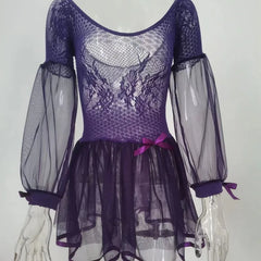 Purple lace dress with sheer sleeves on a mannequin against a white background