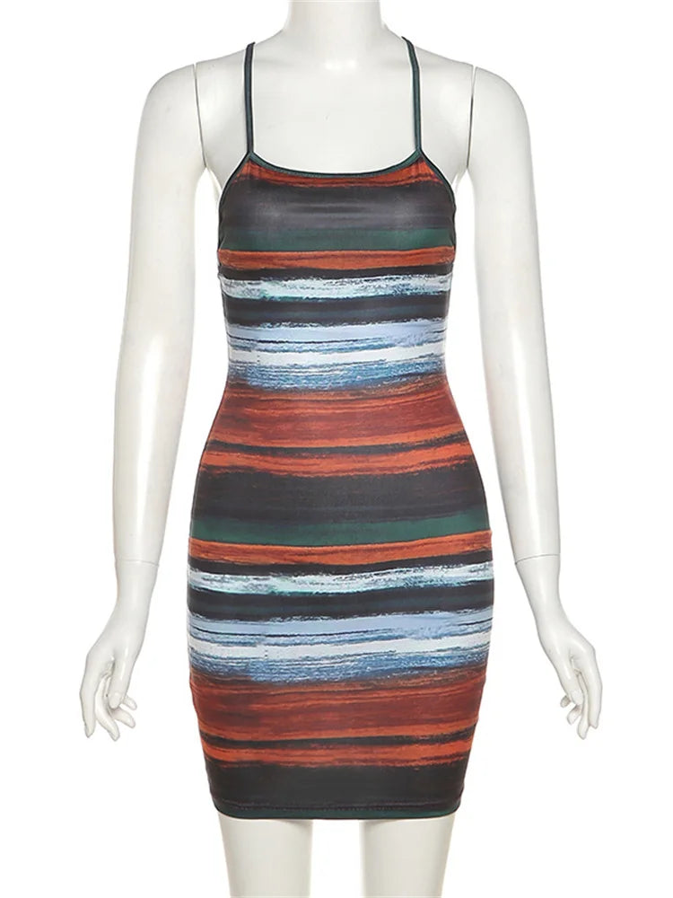 Multicolored striped dress on a mannequin against a white background