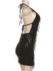Black fringe dress on a mannequin with 'kliou' branding.