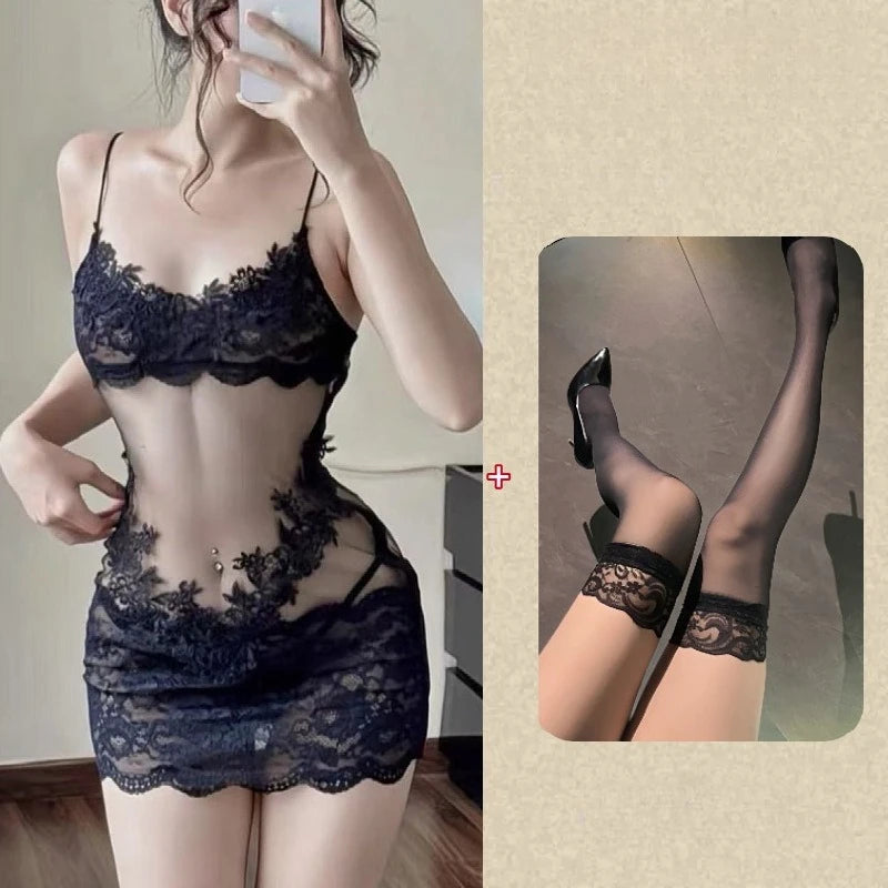 Black lace lingerie set with a close-up of stockings on a beige background
