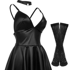 Black satin dress with matching gloves on a white background