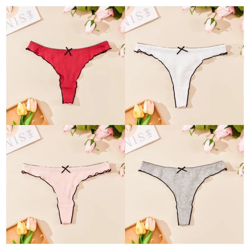 Four pairs of women's underwear in different colors on a beige background with flowers and 'Nise' cards.