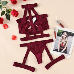 Burgundy lingerie set with red roses and a photo of a woman on a beige background