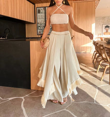 Trendy Tassel Pants Set – Off-Shoulder Halter Top & High-Waist Bottom