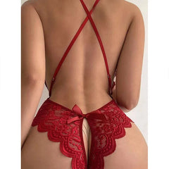 Women Scalloped Lace Bow Bodysuit