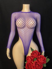 Women Fishnet High Cut Long Sleeve Bodysuit