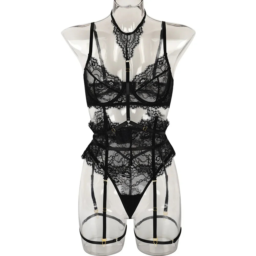 Black lace lingerie set on a transparent mannequin against a white background