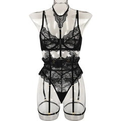 Black lace lingerie set on a transparent mannequin against a white background