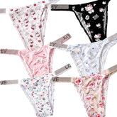 Collection of women's underwear with various patterns on a white background