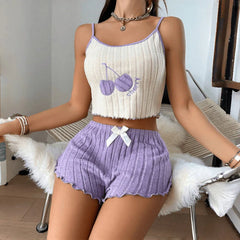 Women Cherry Embroidered Ribbed Cami Pajama Set