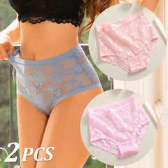 Person wearing blue lace underwear with inset images of pink lace panties.