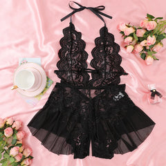 Women's Sexy See-Through Lace Flower Print Bodysuit Teddy Doll Dress Backless One-piece Deep V Open Bra Crotchless Lingerie Set