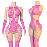 Women Fishnet Hollow Lingerie Bodysuit Gloves Set