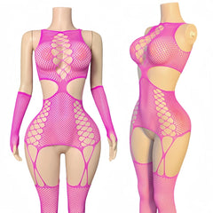 Women Fishnet Hollow Lingerie Bodysuit Gloves Set