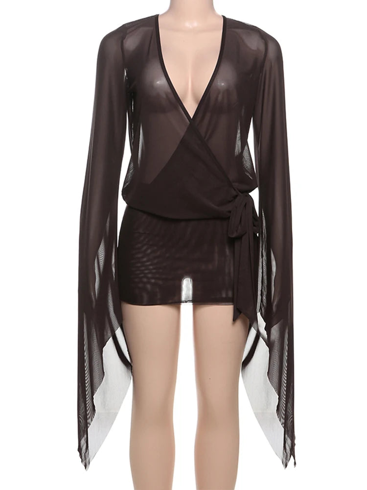 Brown sheer top and skirt set on a mannequin against a white background