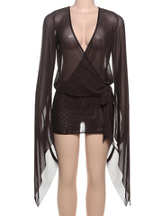 Brown sheer top and skirt set on a mannequin against a white background