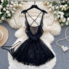 Sexy Lace Nightwear Dress – Ruffle Straps & Bow Back Design