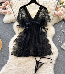 Lace Mesh V-Neck Split Dress – Elegant Sleepwear