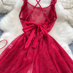 Sexy Lace Nightwear Dress – Ruffle Straps & Bow Back Design