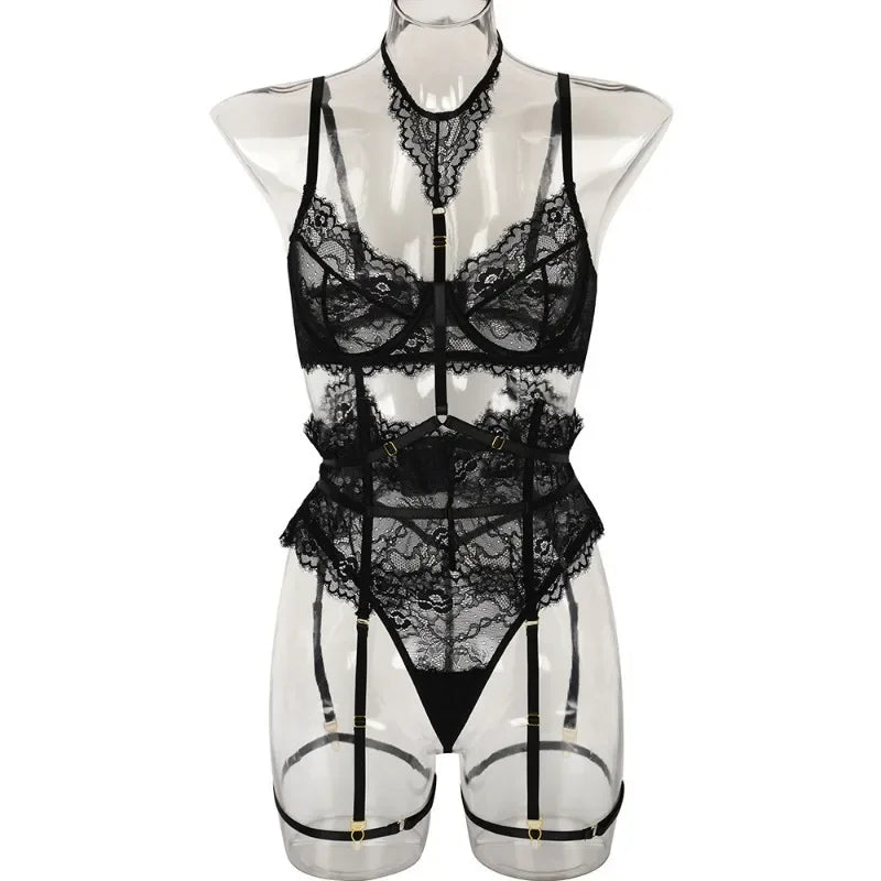 Black lace lingerie set on a transparent mannequin against a white background