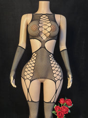 Women Fishnet Hollow Lingerie Bodysuit Gloves Set