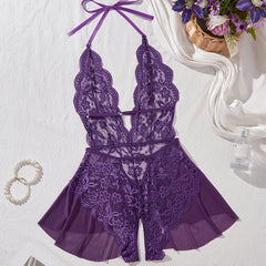 Women's Sexy See-Through Lace Flower Print Bodysuit Teddy Doll Dress Backless One-piece Deep V Open Bra Crotchless Lingerie Set