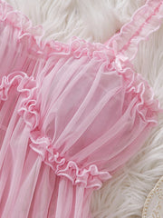 Women Sheer Ruffle Babydoll Nightgown Thong Set