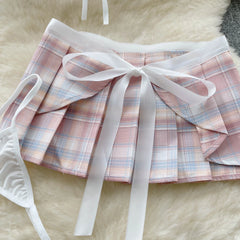Japanese Plaid Bow Hollow‑Out Tank & Skirt Set