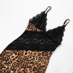 Leopard print slip dress with black lace details on a white background