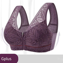 Purple leaf-patterned sports bra on a white background