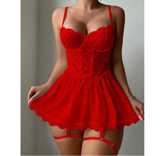 Red lace babydoll dress on a plain background