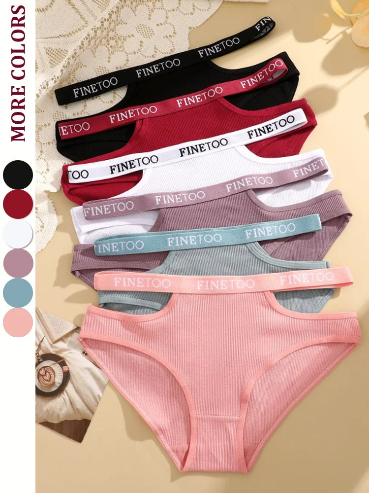 Set of women's underwear with 'FINEtoo' branding in various colors on a beige background.