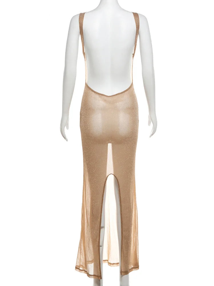 Mannequin wearing a beige sheer dress with a high slit on a white background, brand 'kliou' visible.