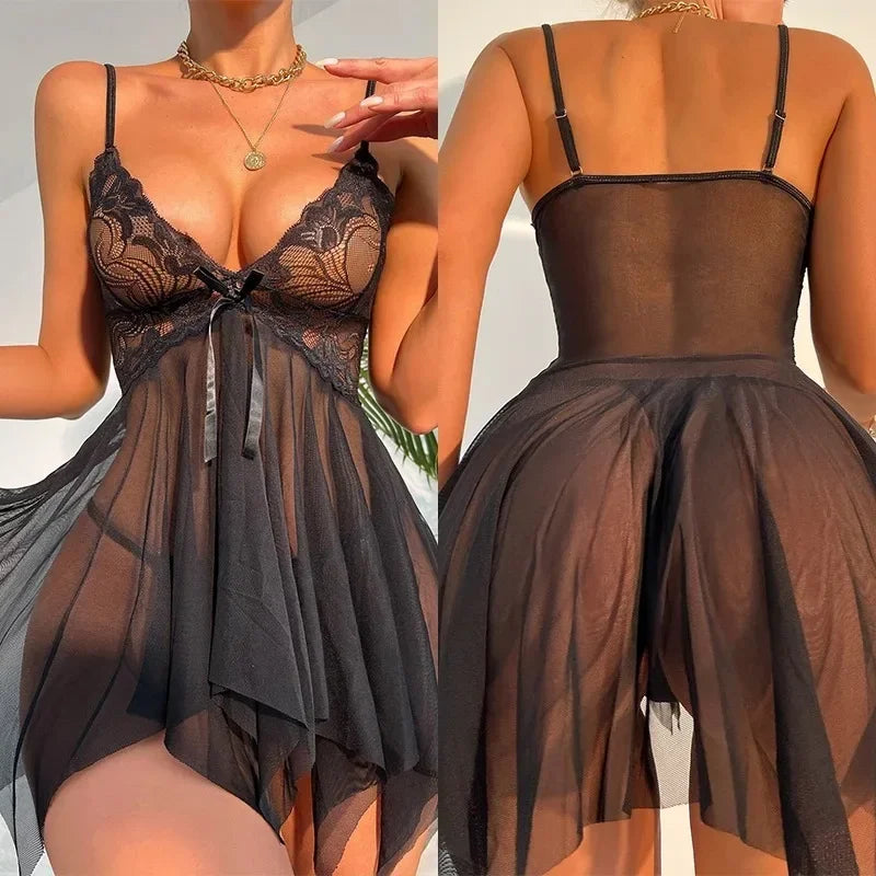 Black lace lingerie set worn by a model on a plain background