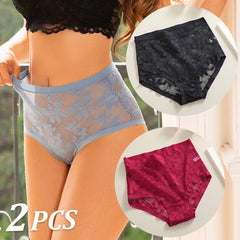 Person wearing lace underwear with inset images of black and red lace panties.