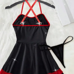 Black dress with red accents on a white background