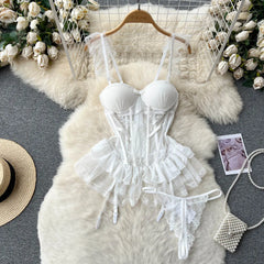 Lace Sensual Mesh Camis & Ruffled Underwear Set for Women