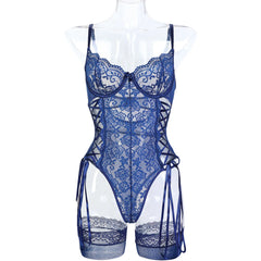 Blue lace lingerie set on a mannequin against a white background