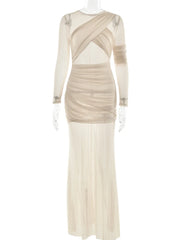 Sheer Mesh Ruched Maxi Evening Dress