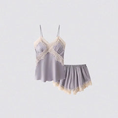 Gray lace-trimmed nightgown set on a light gray background