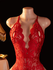 Floral Lace Halter Teddy Bodysuit