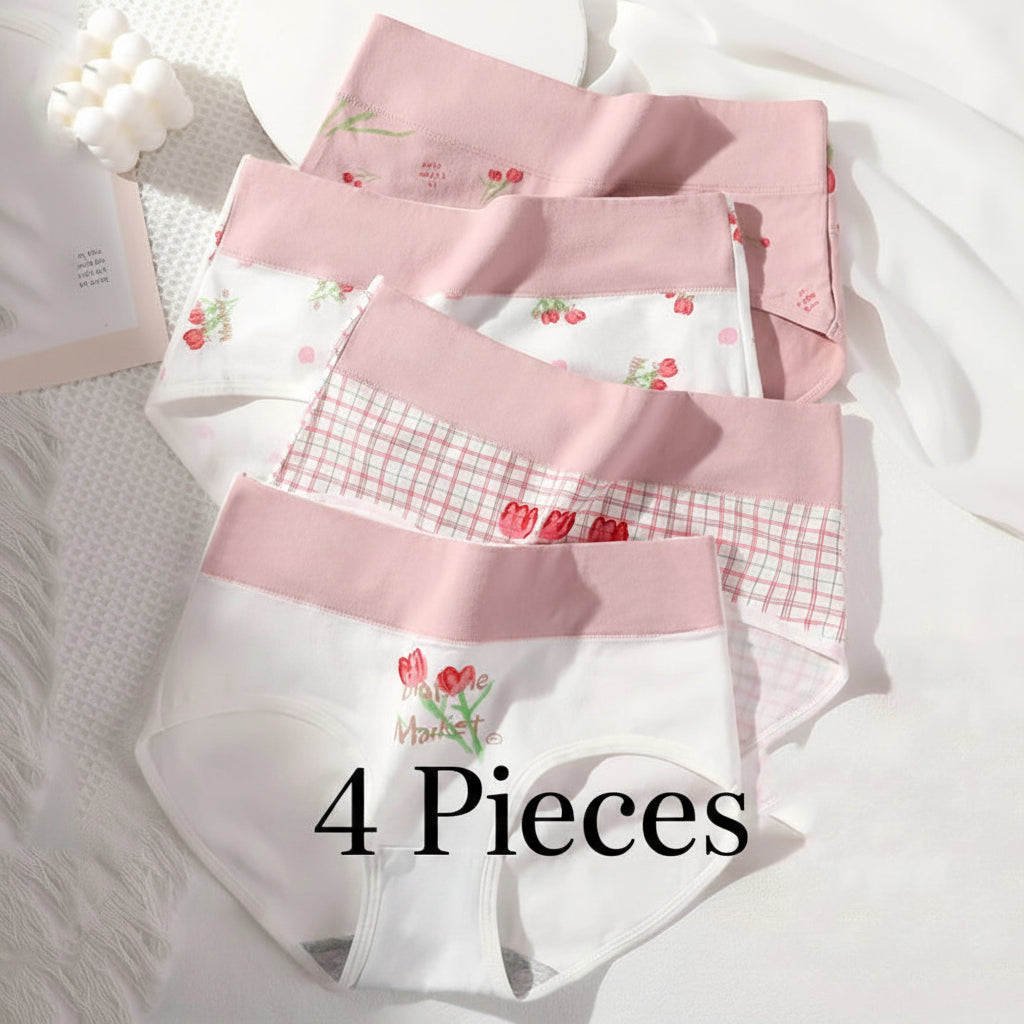 Set of women's underwear with floral and checkered designs on a white background