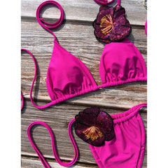 3D Floral Halter Bikini Set – Strappy Padded Two-Piece Swimwear