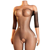 A mannequin torso wearing a sheer off-the-shoulder fishnet bodysuit with three-quarter sleeves and a large front cutout, shown against a plain white background.