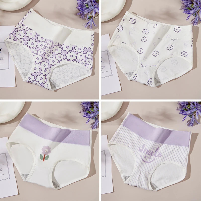 Four views of women's underwear with floral patterns on a beige background.