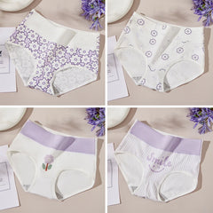Four views of women's underwear with floral patterns on a beige background.