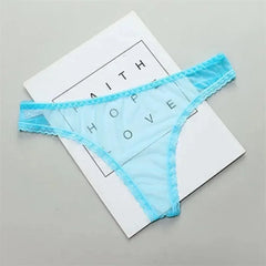 Light blue lace thong on a white card with text on a gray background