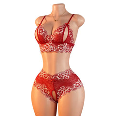 Red lace lingerie set on a mannequin against a white background