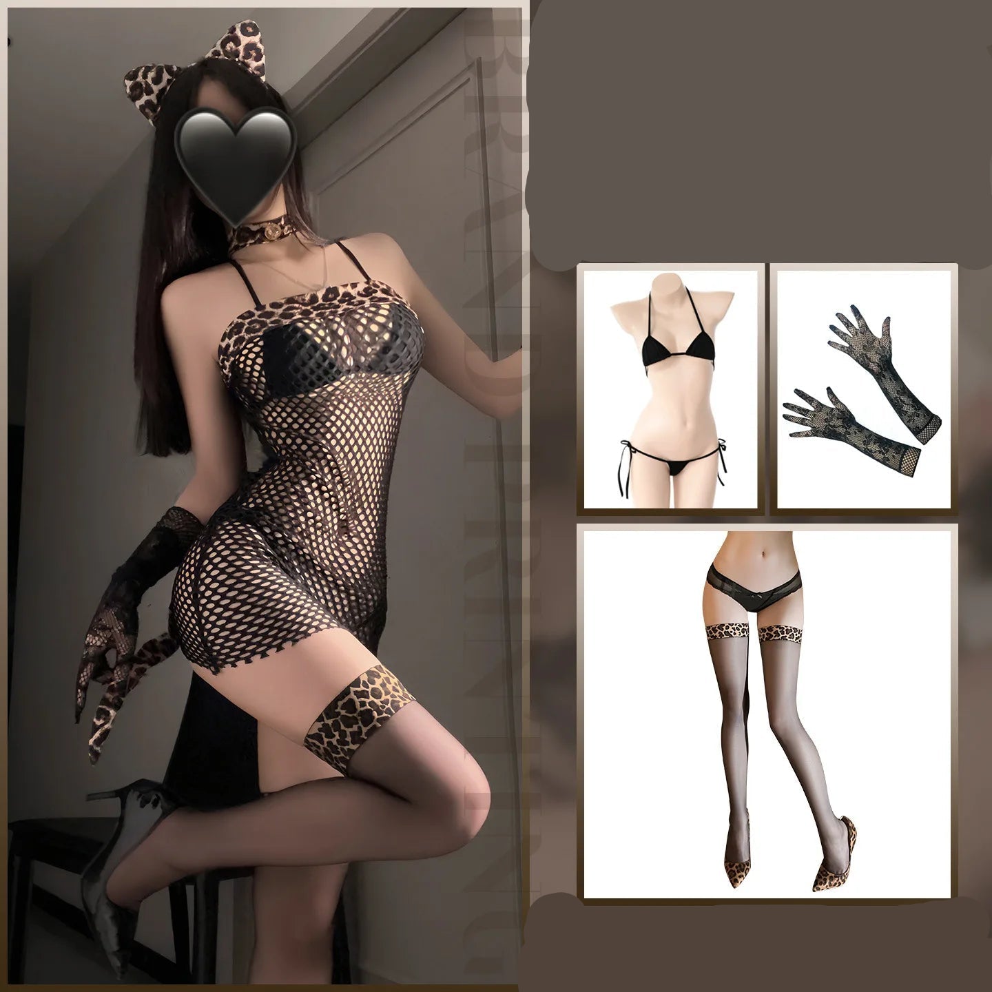 Person wearing a leopard print lingerie set with additional accessories, including gloves and stockings, on a dark background.