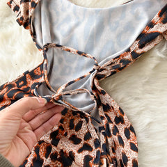 Leopard Print Lace-Up Night Dress – Sexy Slim-Fit Short Sleeve Lingerie